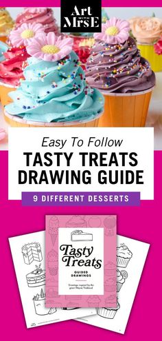 the easy to follow tasty treats drawing guide for beginners is shown in three different colors