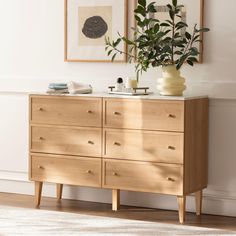 a plant is sitting on top of a dresser in a room with pictures above it