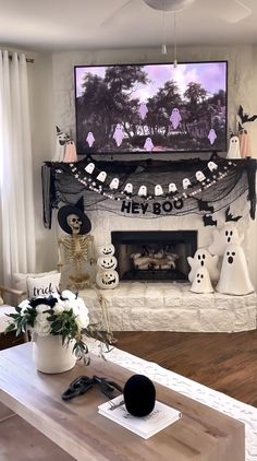 a living room decorated for halloween with decorations