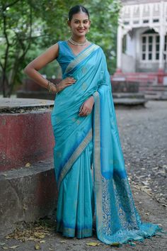 Cyan Art Silk Fabric Weaving Work Saree Sky Blue Saree, South Silk Sarees, Fabric Weaving, Design Saree, Raw Silk Saree, Saree Poses, Simple Sarees, Silk Saree Blouse, Blue Saree