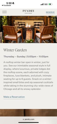 the winter garden website is displayed on an iphone screen, with two wooden chairs and a fireplace