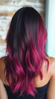 Hot Pink Tips Hair, Pink Hair Streaks Black Hair, Bright Pink Highlights In Brown Hair, Bayalage Hair Color Ideas, Pink Streak In Hair, Hot Pink Highlights In Brown Hair, Pink Hair Balayage, Pink Peekaboo Hair, Balayage Inspiration