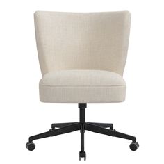 an office chair with wheels and a beige upholstered seat, viewed from the front