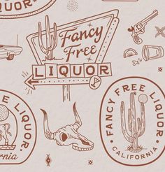 various logos and stickers for liquor, including a sign that says fancy free liquor