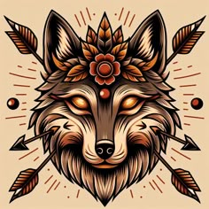 the head of a wolf with an arrow and flower on it's forehead is shown