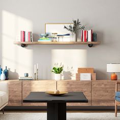 a living room scene with focus on the coffee table and bookshelf in the background