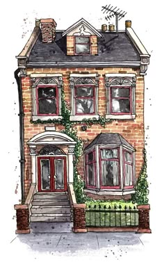 a watercolor painting of a brick house with red doors and windows on the front