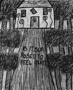 a black and white drawing of a house on a hill with trees in the background