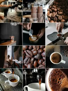 coffee is being poured into cups and saucers in different stages of development, including making espresso or cappuccino