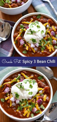 two bowls filled with chili and sour cream