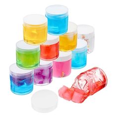 there are many different colored plastic containers next to each other