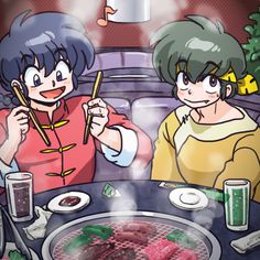 two people sitting at a table with food and drinks in front of them, one holding chopsticks