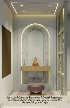 a bathroom with a buddha statue on the wall and a bench in front of it that says may lord ganesh blessing your life with happiness, success