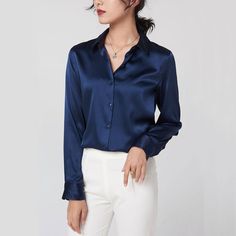 Sleek Satin Long Sleeve Blouse | After Moda Satijnen Blouses, Satin Long Sleeve, Jane Birkin, Collars For Women, Womens Long Sleeve Shirts, Loose Blouse, Blouse Fabric, Silk Shirt, Office Ladies