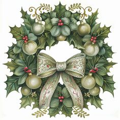 a christmas wreath with holly, bells and mist balls on it's bow tie