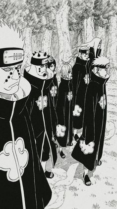 an old black and white drawing of naruto walking in the woods with other people