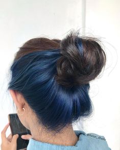 follow for more Dark Blue Hair Underneath Brown, Blue Jean Hair Color, Blue Color Blocking Hair, Dark Brown With Blue Underneath, Subtle Coloured Hair, Dark Blue Underdye Hair, Brown With Blue Underneath, Blue Hair With Brown Roots