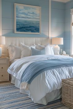 a bedroom with blue walls and white bedding