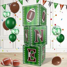 a football themed party with balloons and confetti