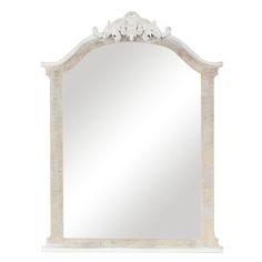 an ornate white mirror with flowers on the top and bottom frame, against a white background