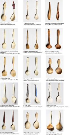 many different types of wooden spoons are shown in this image, including one with an odd shape