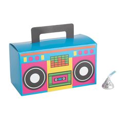 a blue box with a boombox design on the front and an earphone plugged in