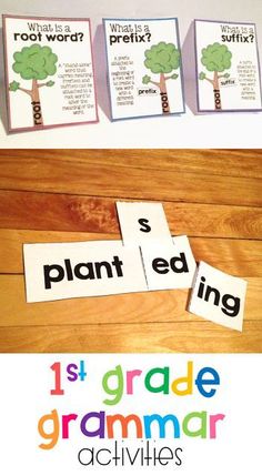 three posters with words that read plant eding, 1st grade and 3rd grade activities