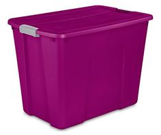 a purple plastic storage box on a white background