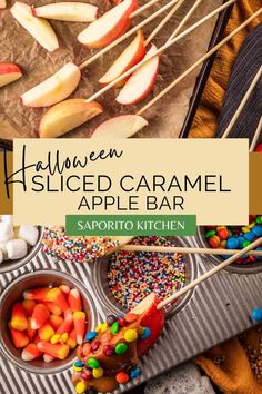 halloween sliced caramel apple bar with sprinkles and candies in bowls