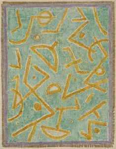 an abstract painting with yellow and green colors on a blue background, in the shape of letters