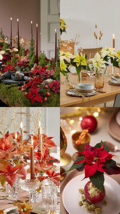 the table is decorated with flowers, candles and other things to decorate for christmas or new year's eve