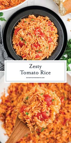 two plates with different types of food on them and the words zesty tomato rice