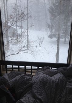 a window view of two people walking through the woods in the snow, with blankets on them