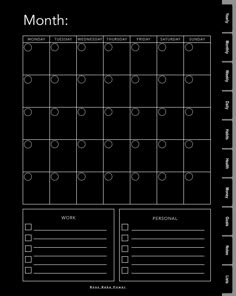 a black and white calendar with circles on the front, month to page numbers in each section