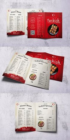 three different menus with red and white designs