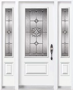 the front door is white and has two glass panels on one side, and an ornate design on the other