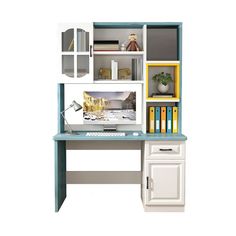 a computer desk with books and other items on the shelves above it, in front of a white background