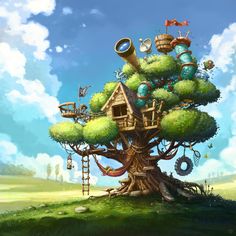 a tree house with lots of items on it's roof in the middle of a green field