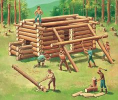 an illustration of men building a log cabin in the woods with logs and lumbers