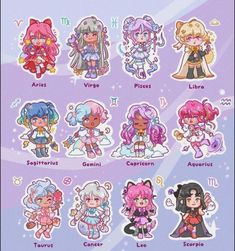 the zodiac girl stickers are all in different colors and sizes, with their names on them