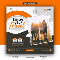 a travel flyer with three people standing in front of an orange and white background, which reads enjoy your travel