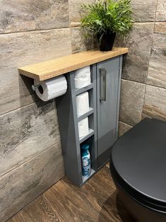 a toilet and cabinet in a bathroom with wood flooring next to a potted plant