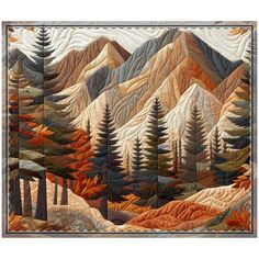 a quilted wall hanging with trees and mountains in the background