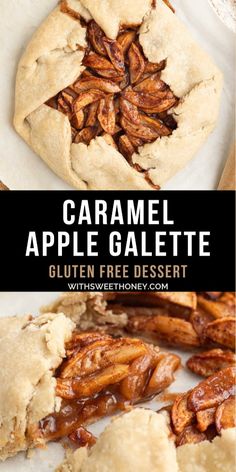 caramel apple galette on a white plate with the text overlay above it