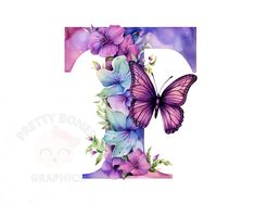 the letter f is decorated with butterflies and flowers