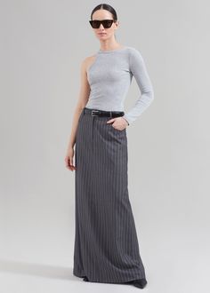 Malvo Long Pencil Skirt - Grey Pinstripe Striped Skirt Outfit, Long Striped Skirts, Long Fitted Skirt, Long Black Pencil Skirt, Long Straight Skirt, Black Striped Skirt, Long Skirt Suits, Long Pencil Skirt, Long Skirt Outfits