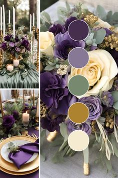 the table is set with purple flowers and gold place settings for an elegant dinner party