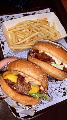 two hamburgers and french fries on a tray