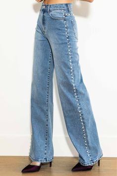 Upgrade your denim game with our PEARLY PERFECTION EMBELLISHED DENIM JEANS. Made with 99% cotton and 1% spandex, these jeans offer the perfect balance of comfort and style. The pearl embellishments add a touch of sophistication, making these jeans a versatile addition to your wardrobe. Stay on-trend and comfortable with PEARLY PERFECTION EMBELLISHED DENIM JEANS. High Rise Wide Leg Jeans, Studded Jeans, Jean Large, Stylish Jeans, Embellished Jeans, Wide Jeans, Medium Wash Jeans, Tall Girl, Perfect Jeans