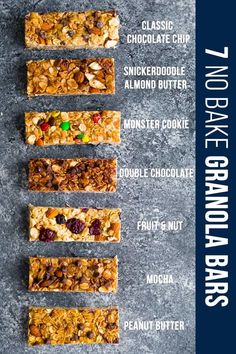 granola bars are lined up on a table with the words, no bake bars